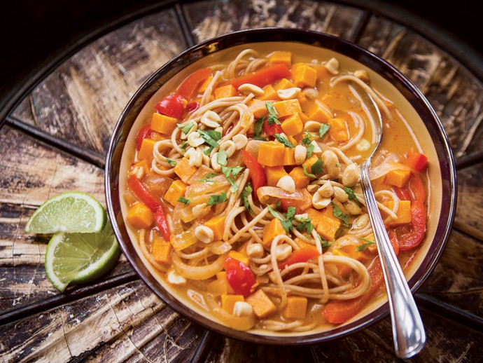 Healthy Soup Recipes-Spicy Thai Coconut Soup with Kamut Noodles, Sweet Potato, and Lime