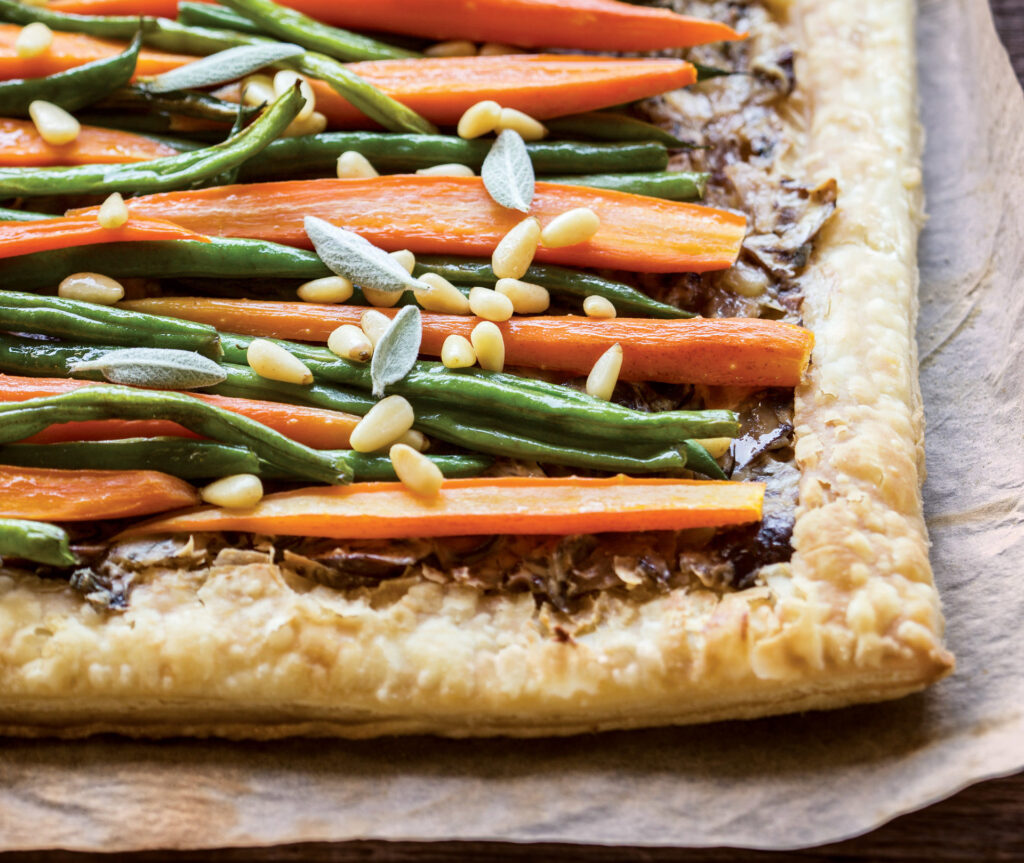 Puff Pastry with Glazed Carrots, Mushrooms, and Pine Nuts