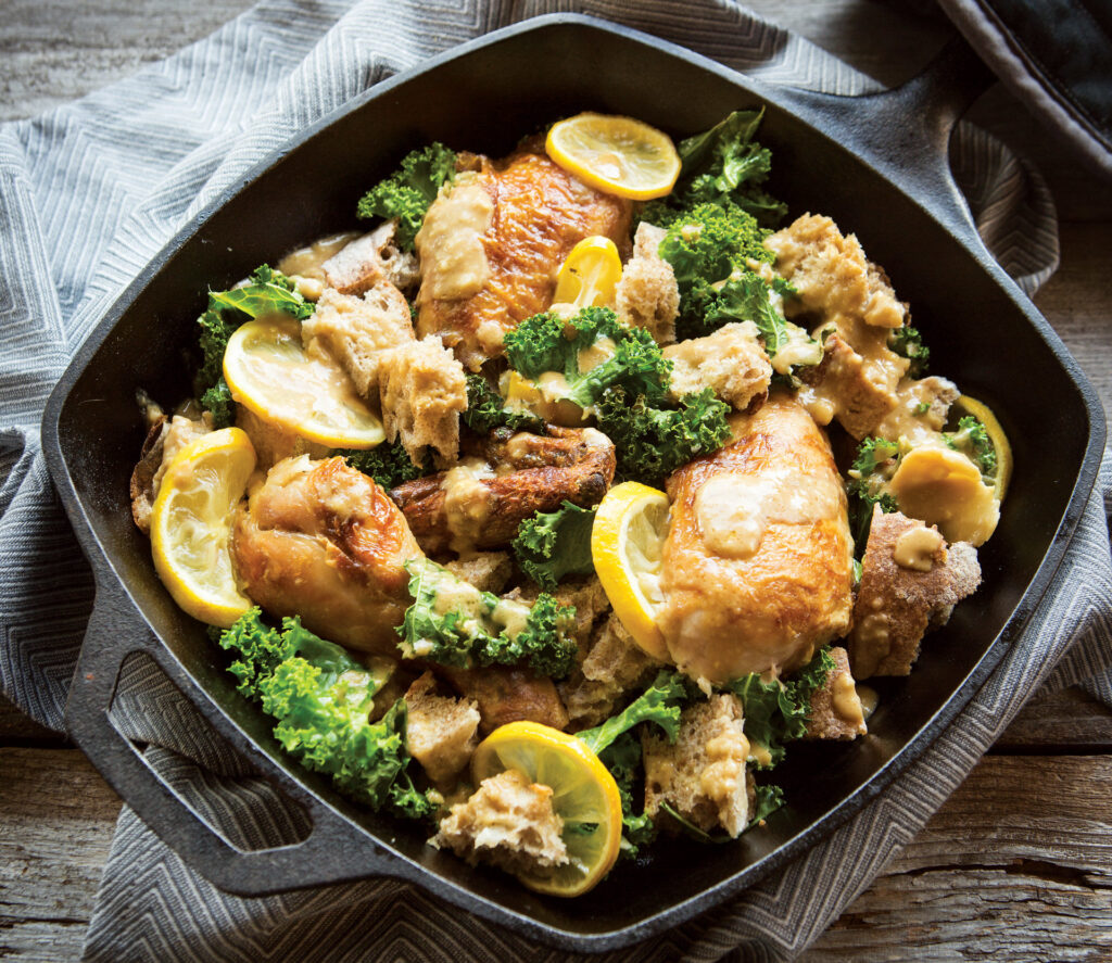 Roasted Garlic, Lemon, Chicken, and Kale Skillet Caesar