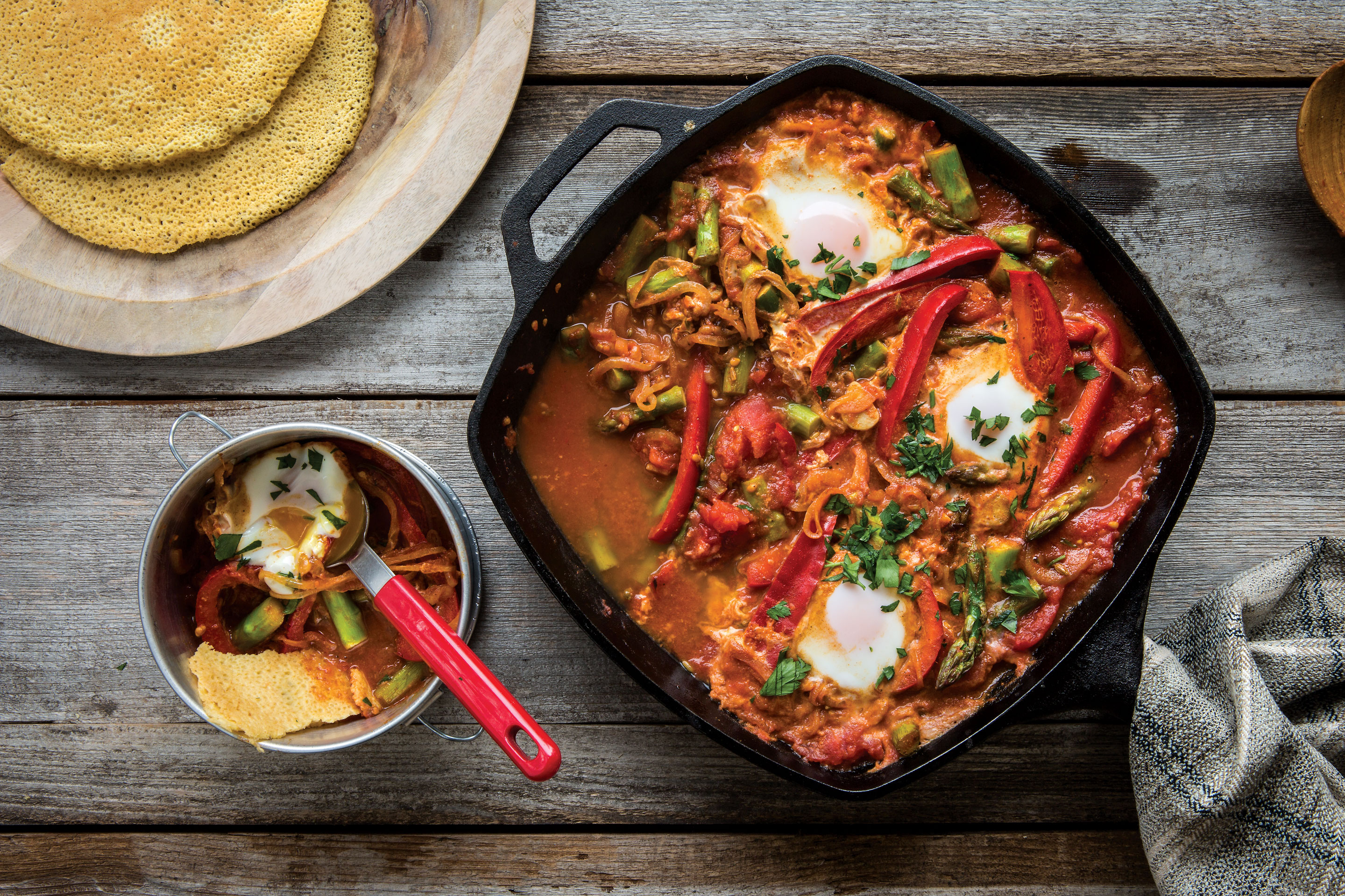 Asparagus Shakshuka with Chickpea Flatbreads