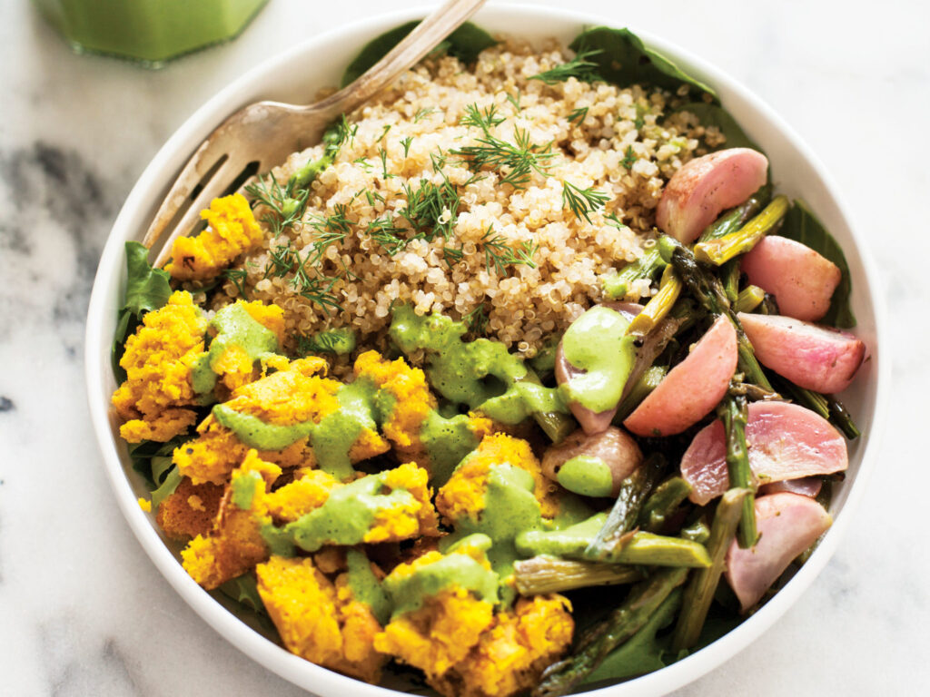 Chickpea Scramble Breakfast Bowls with Roasted Vegetables