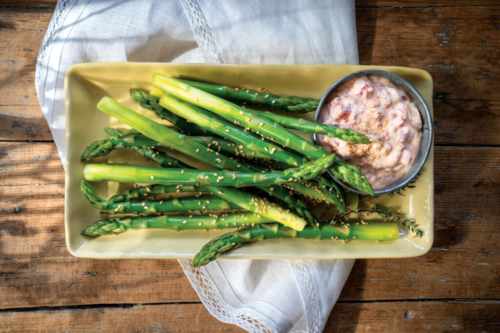 Red Pepper Yogurt Dip with Asparagus Dippers