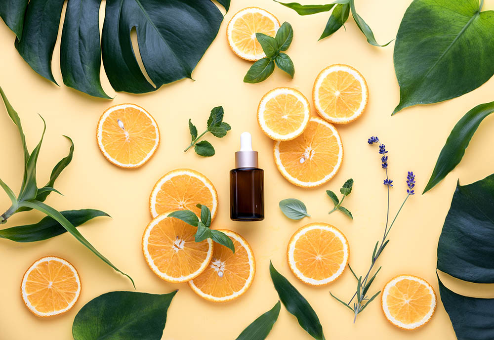 Natural cosmetics concept, fresh ingredients for skin treatment vitamin C serum, flat lay