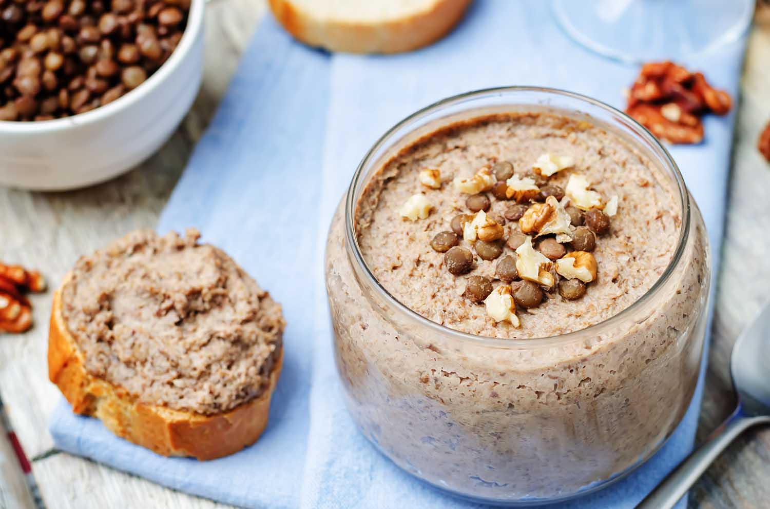 Mushrooms walnuts green lentil pate. toning. selective focus