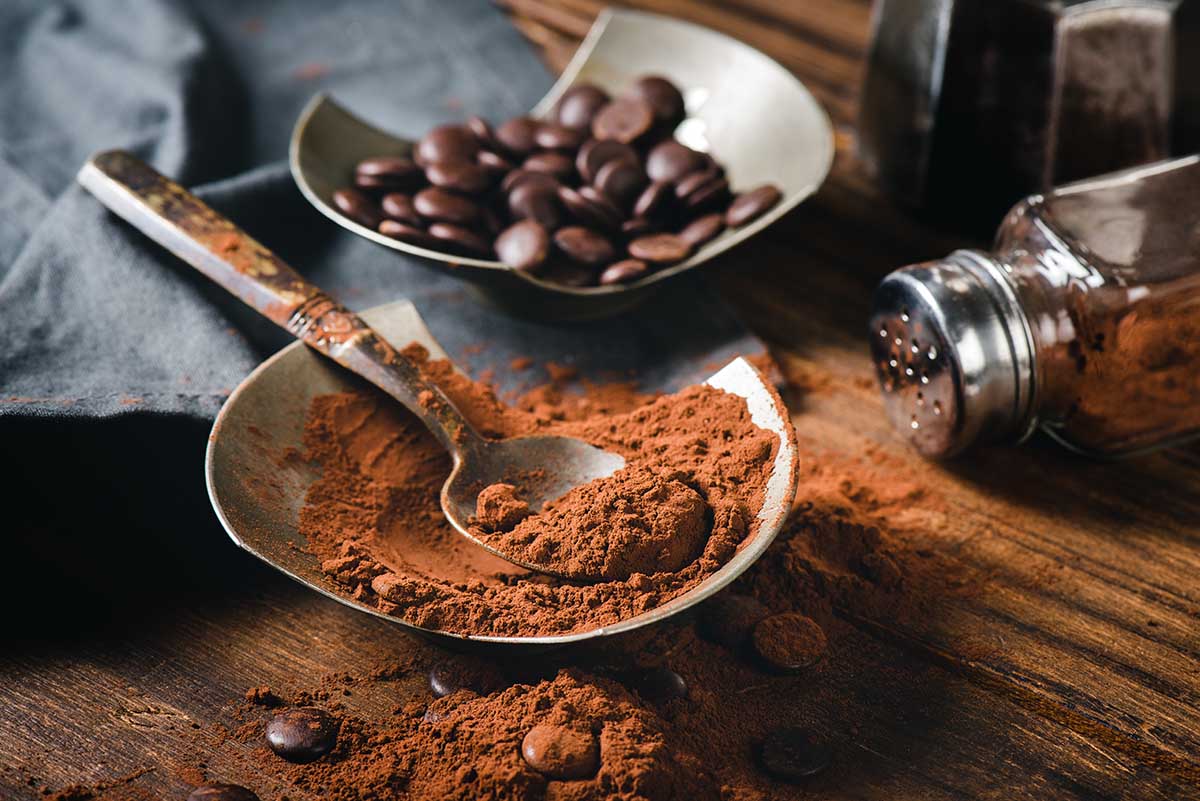 Cocoa powder and chocolate chip on wooden table.