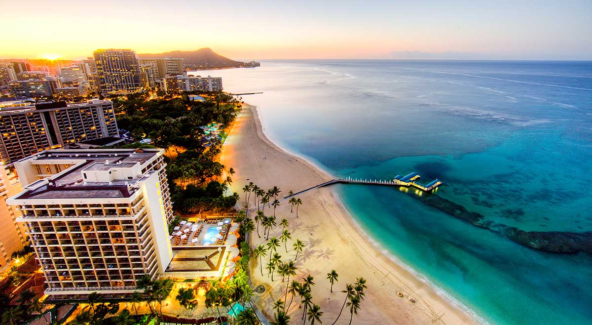 Aerial View of Sunrise at Waikiki Beach