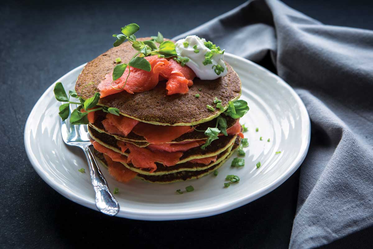 Pea shoot savoury pancakes with cottage cheese