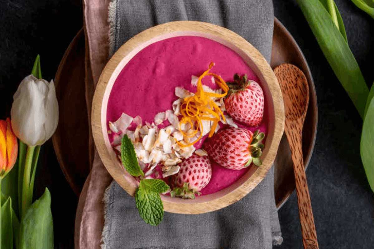 Red velvet cheesecake smoothie bowl with cottage cheese